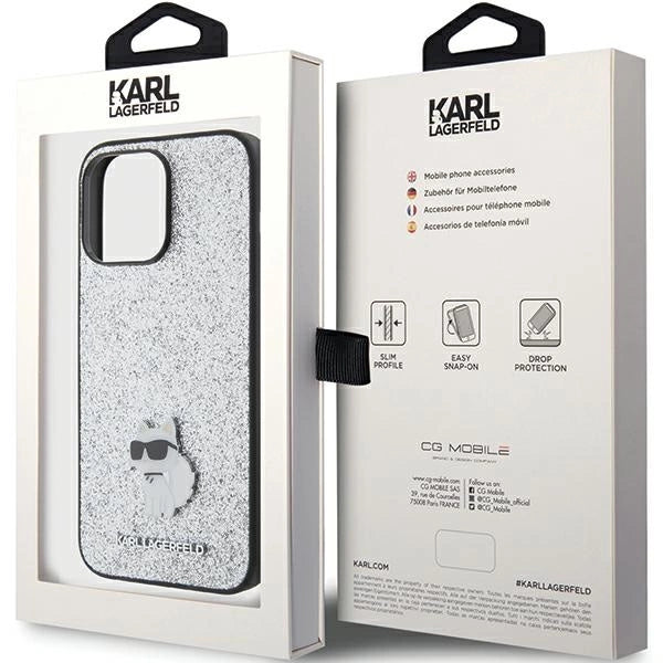 Karl Lagerfeld Fixed Glitter Choupette Logo Metal Pin Case for iPhone 15 Pro Max - Silver