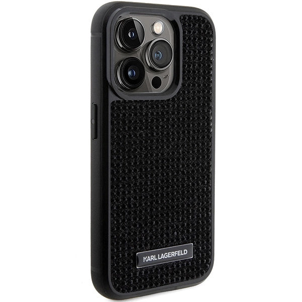 Karl Lagerfeld Rhinestone Logo Metal Plate case for iPhone 15 Pro Max - black