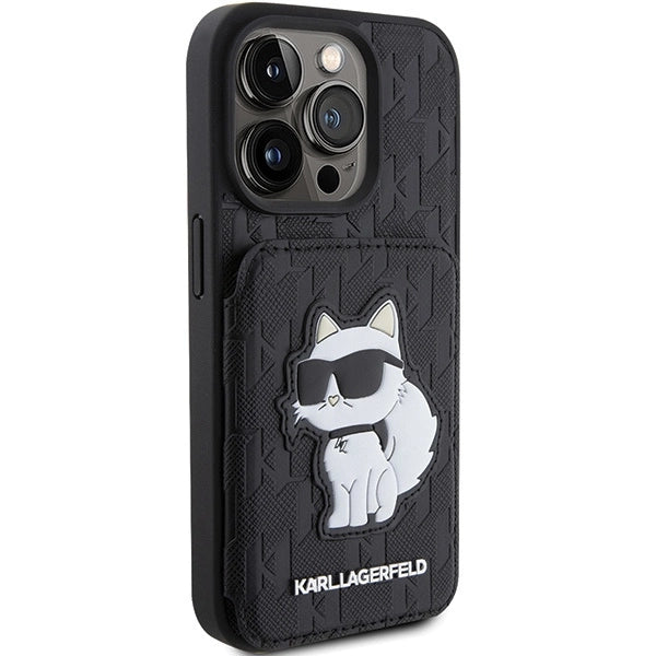 Karl Lagerfeld Saffiano Cardslots and Stand Monogram Choupette Case for iPhone 15 Pro Max - Black