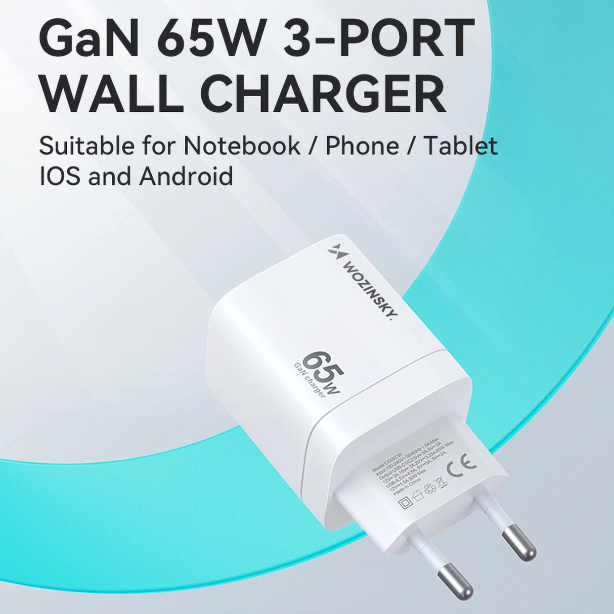 Wozinsky CGWCW 65W USB-A / 2 x USB-C GaN vægoplader - hvid