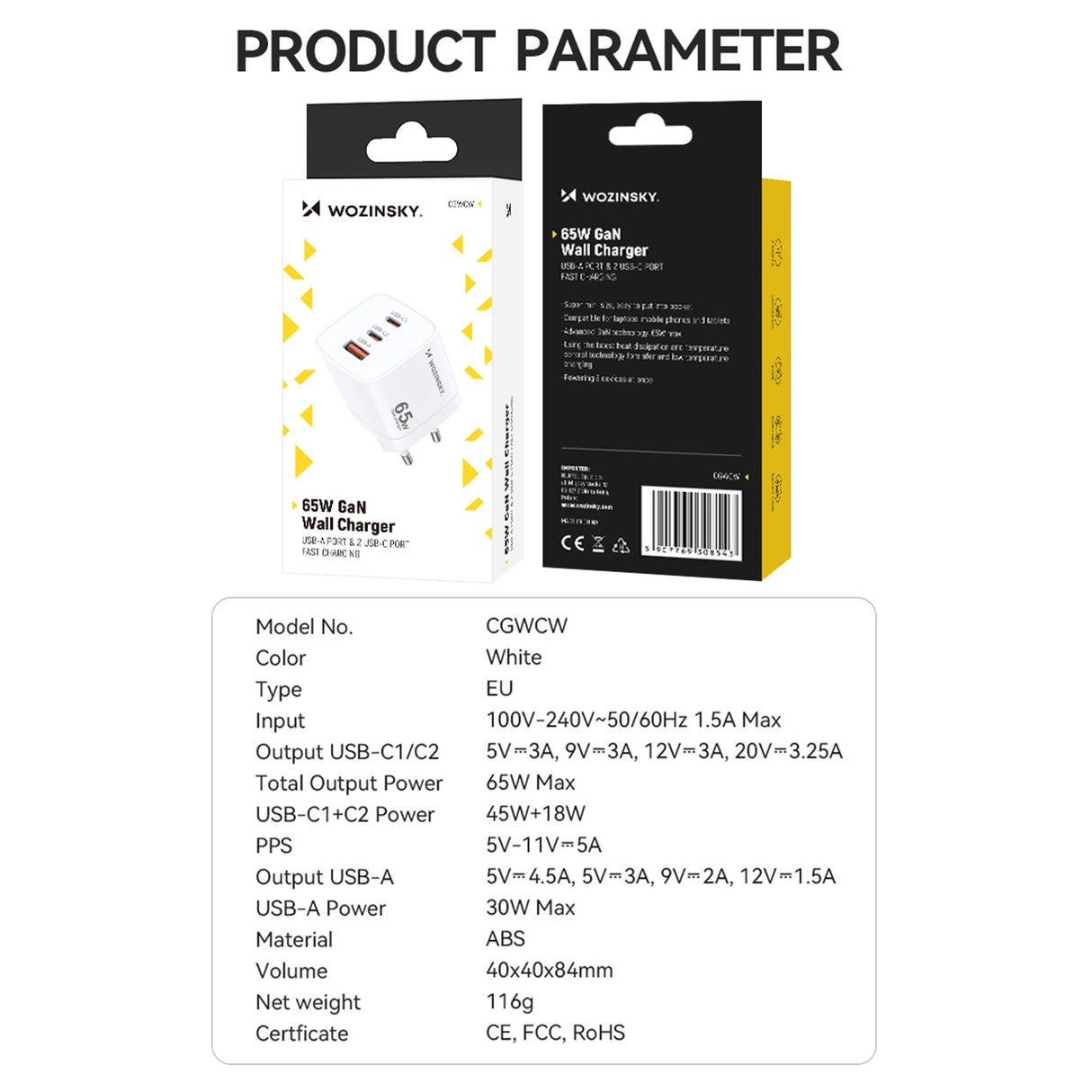 Wozinsky CGWCW 65W USB-A / 2 x USB-C GaN vægoplader - hvid