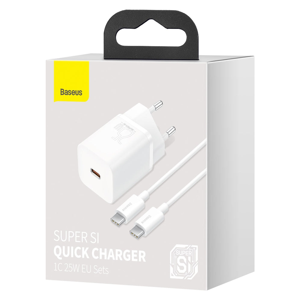 Baseus Si USB-C 25W 3A hurtigoplader med USB-C / USB-C 1m kabel - hvid