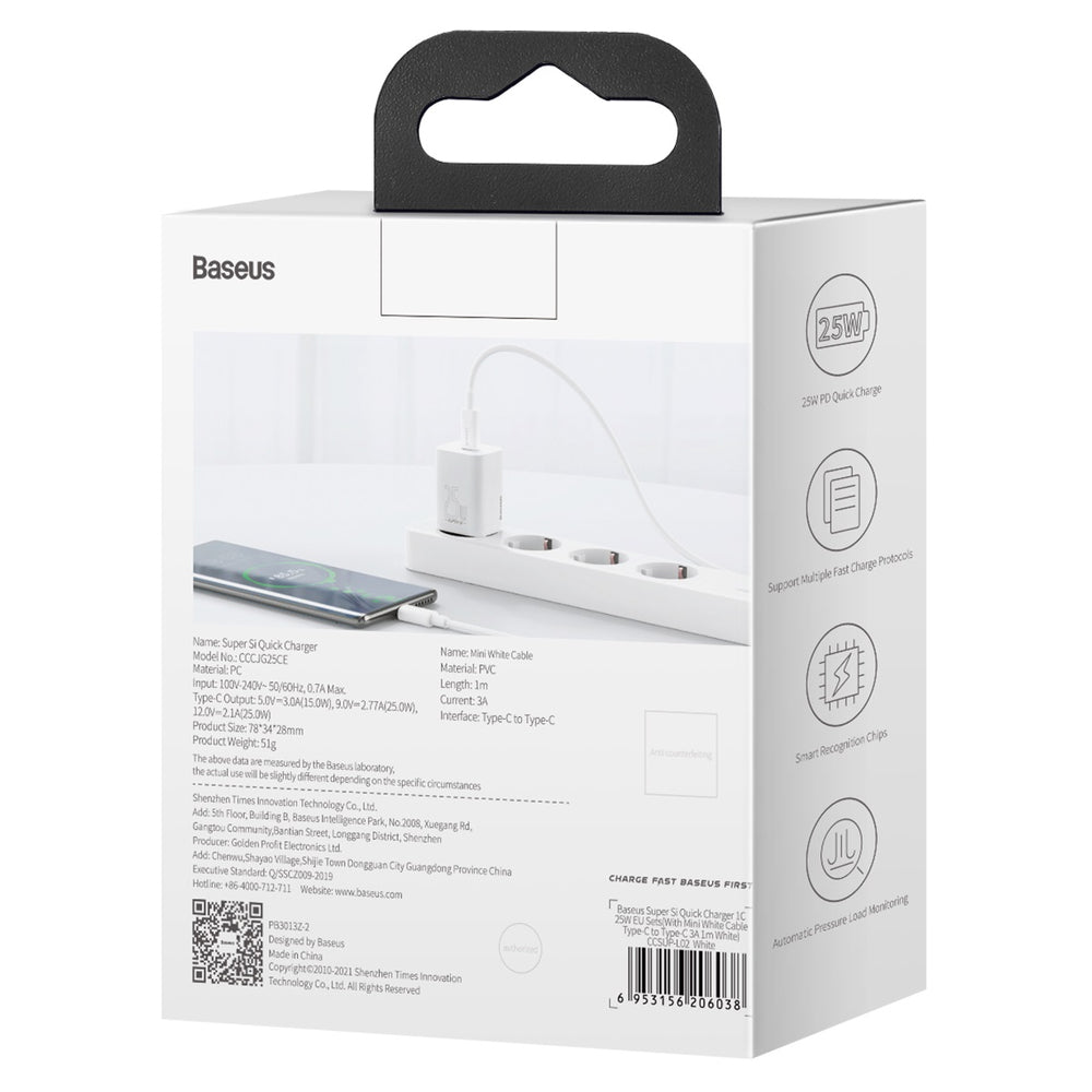 Baseus Sius USB-C 25W 3A hurtigoplader med USB-C / USB-C 1m kabel - hvid
