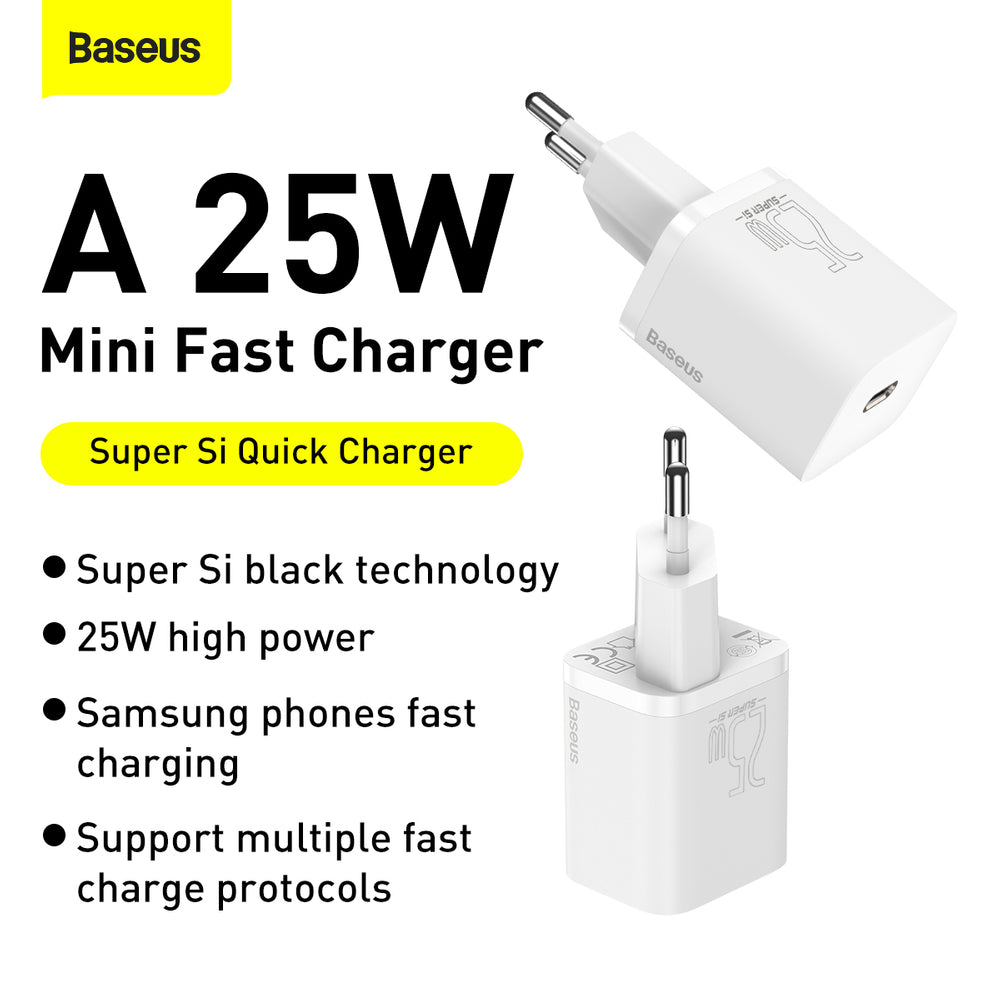 Baseus Si USB-C 25W 3A hurtigoplader med USB-C / USB-C 1m kabel - hvid