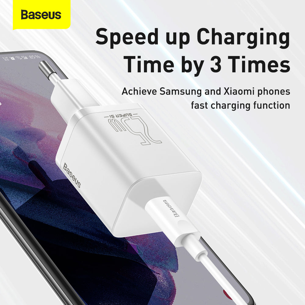 Baseus Si USB-C 25W 3A hurtigoplader med USB-C / USB-C 1m kabel - hvid
