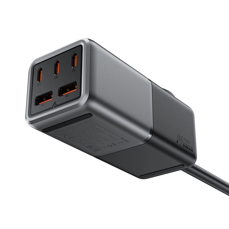 Acefast Z2 GaN 75W PD stationær oplader 3x USB-C 2x USB-A - sort og grå