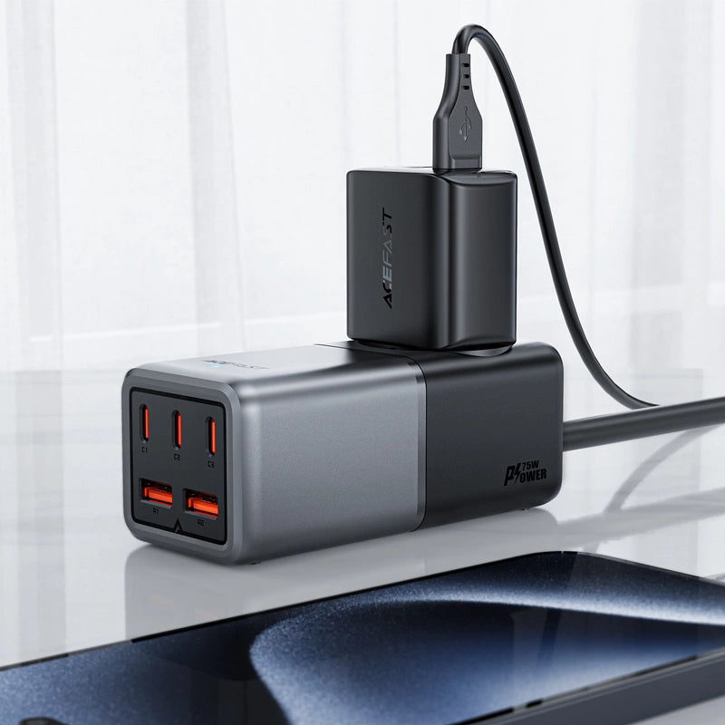 Acefast Z2 GaN 75W PD stationær oplader 3x USB-C 2x USB-A - sort og grå
