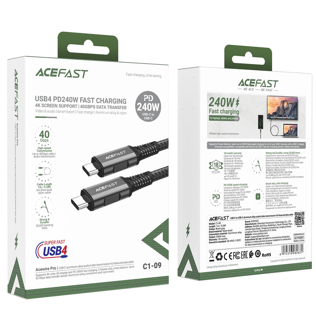 Acefast C1-09 USB-C / USB-C USB4 PD3.1 kabel 5A 1m - grå-sort