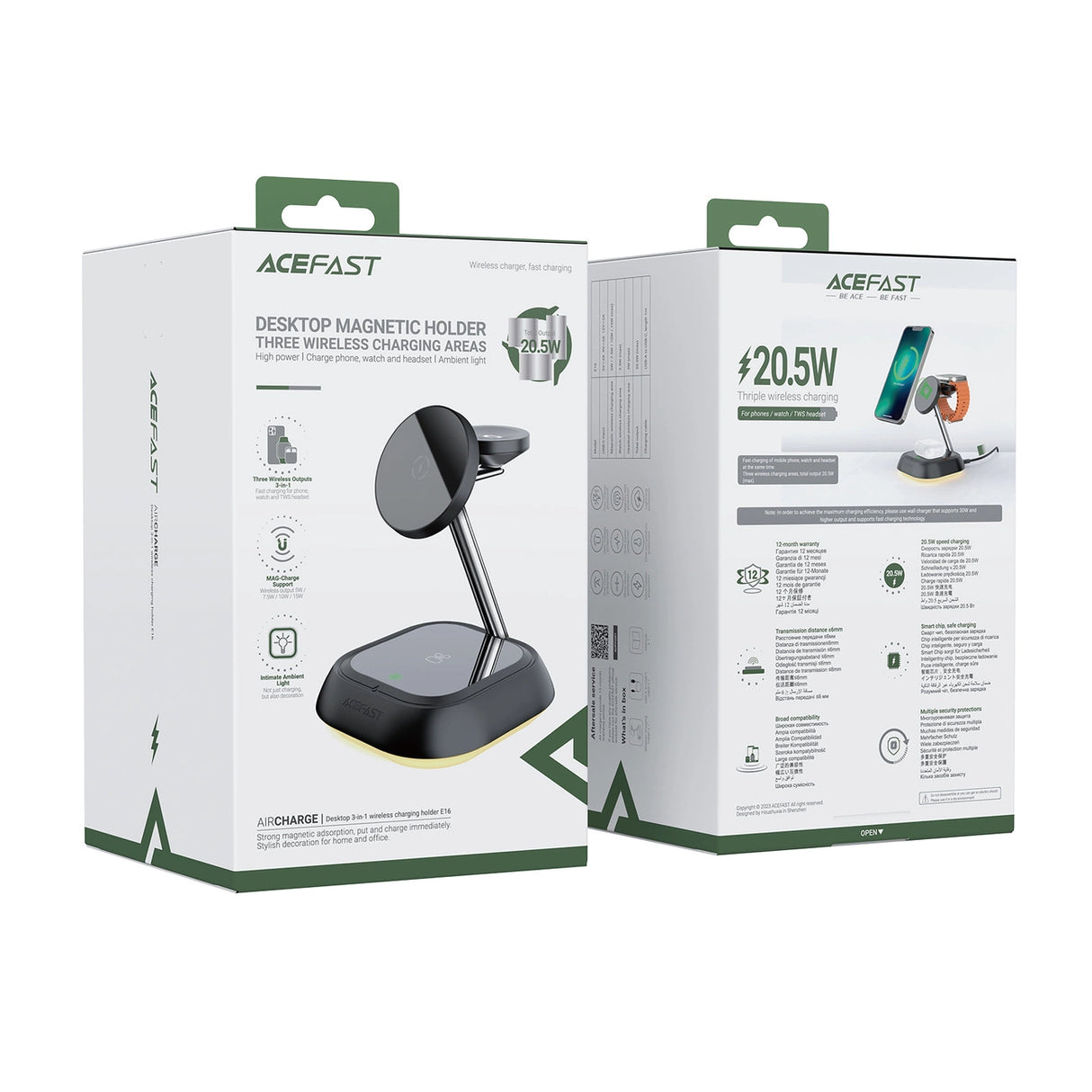 3in1 Acefast E16 15W induktiv opladningsstation til telefon / hovedtelefoner / ur - sort