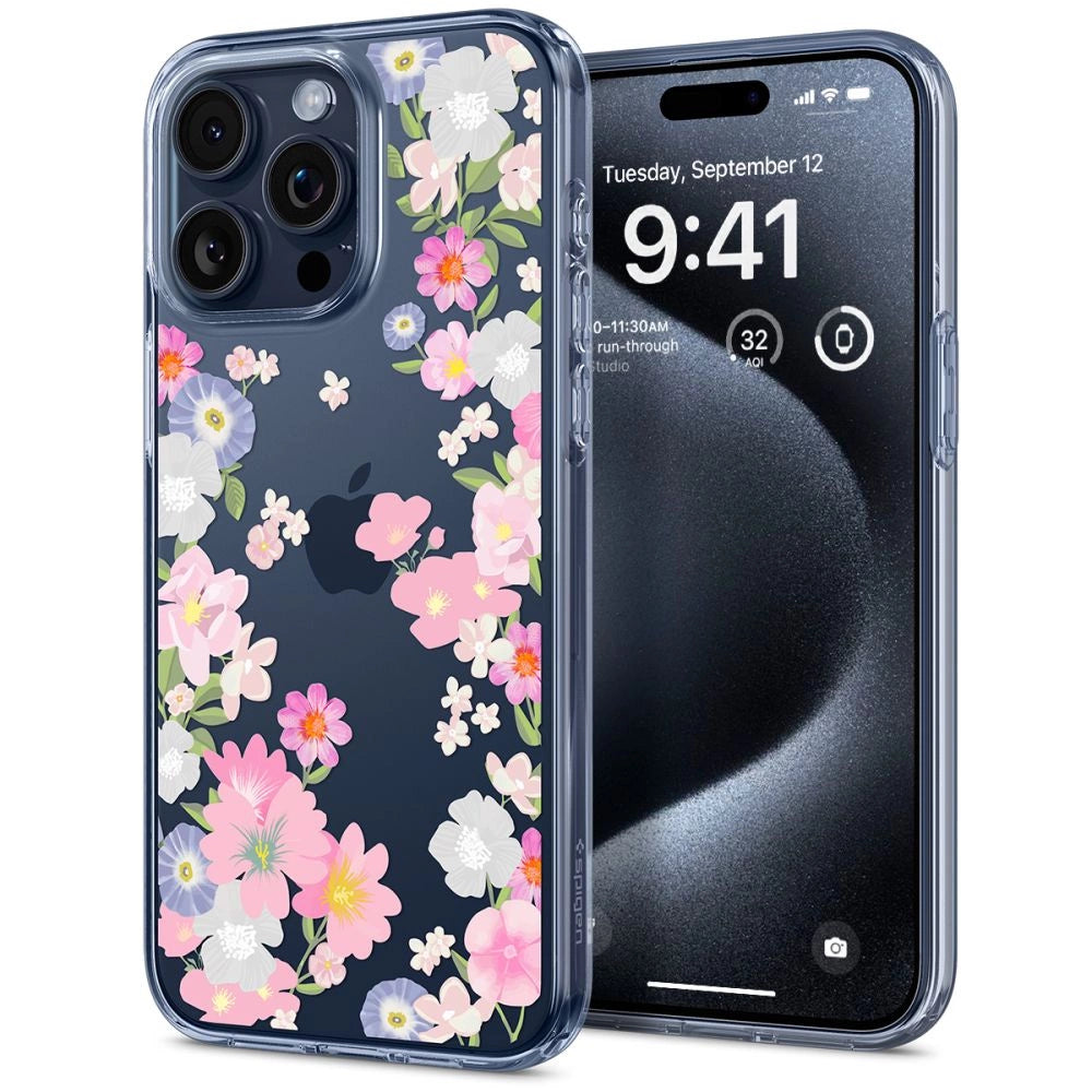 Spigen Liquid Crystal iPhone 15 Pro Case - Pink og blå blomster