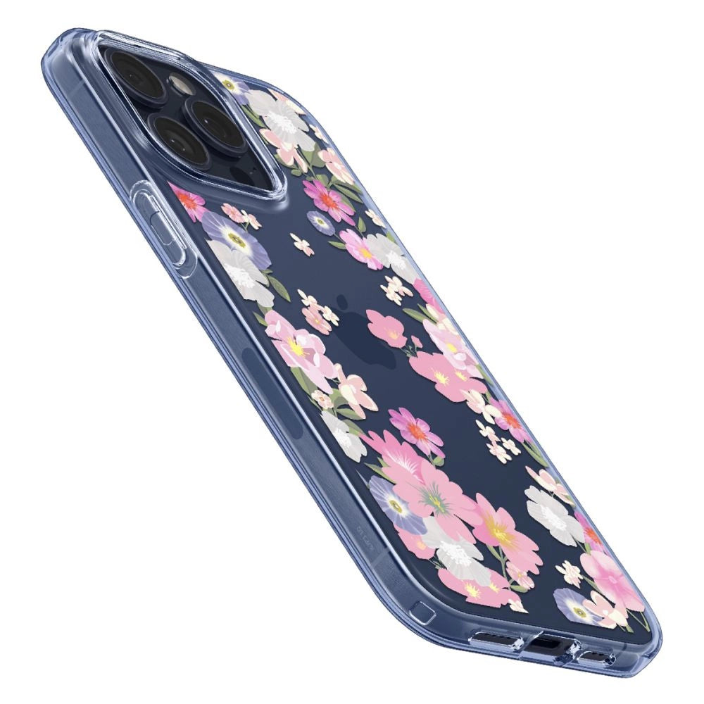 Spigen Liquid Crystal iPhone 15 Pro Case - Pink og blå blomster