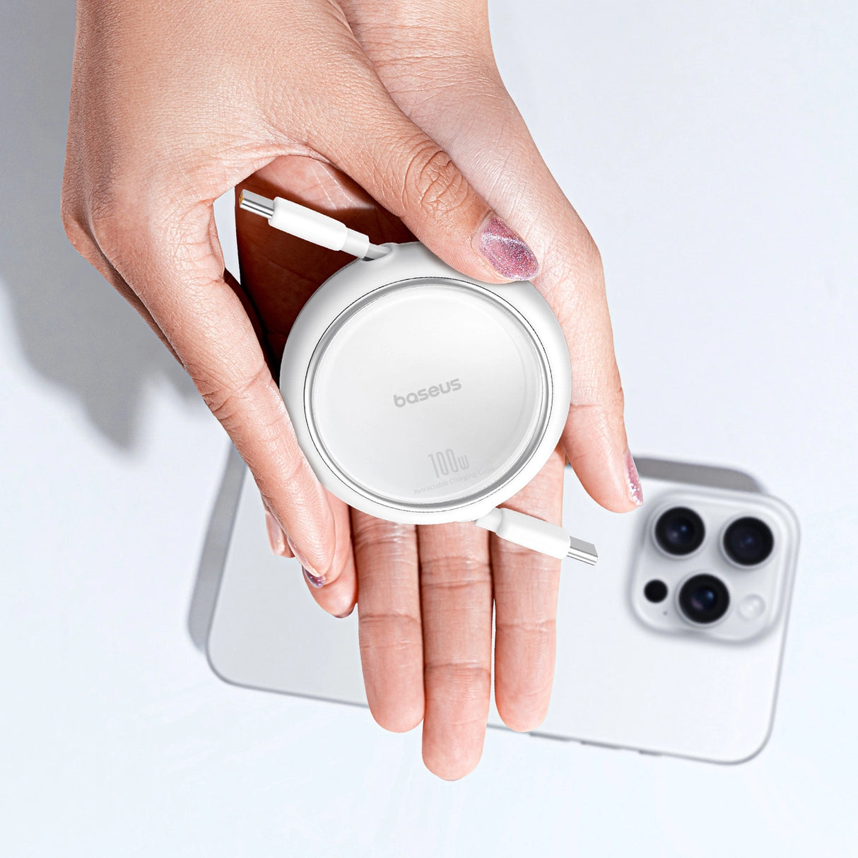 Baseus Free2Draw Mini USB-C - USB-C 100W 1m indtrækbar kabel - hvid