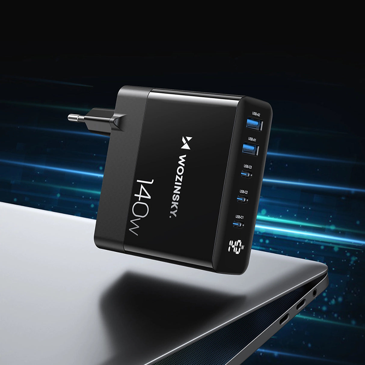 Wozinsky CGWCB 140W GaN vægoplader 3 x USB-C / 2 x USB-A - sort