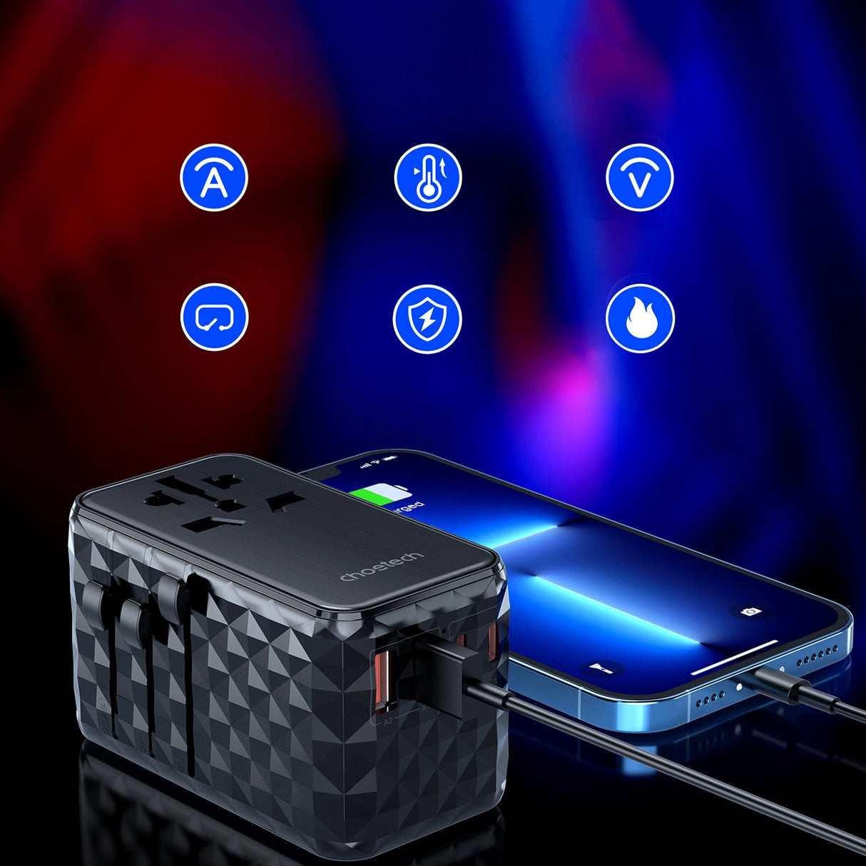 Choetech PD6028 EU / US / AUS / UK rejseadapter 2x USB-C 2x USB-A 100W - sort