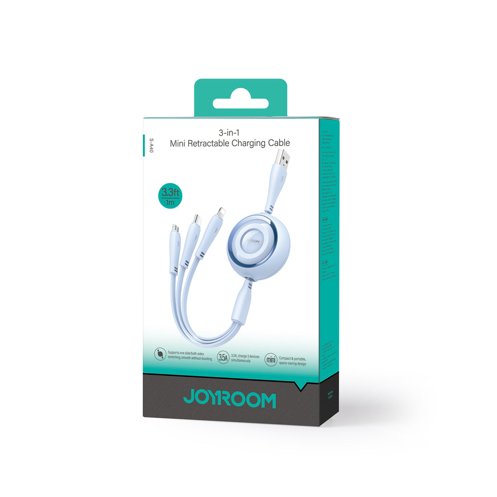 Joyroom Colorful Series S-A40 Kabel tiltrækbar 3in1 USB-A - USB-C / Lightning / Micro USB 1m - Blå