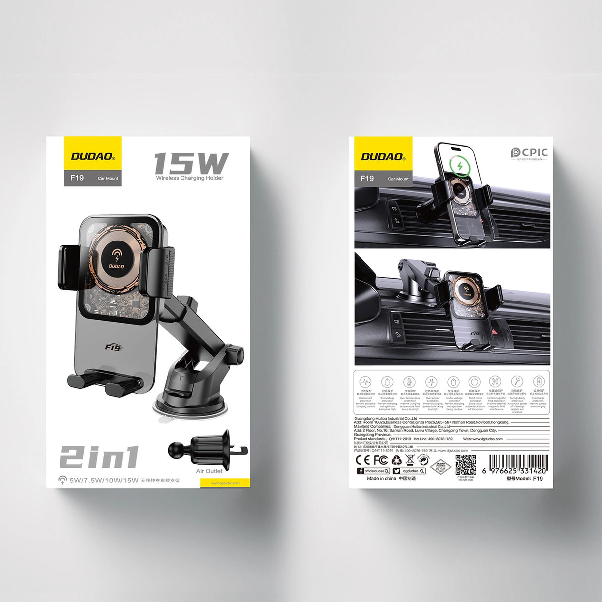 Dudao F19 klemme bilholder med 15W induktiv oplader - sort