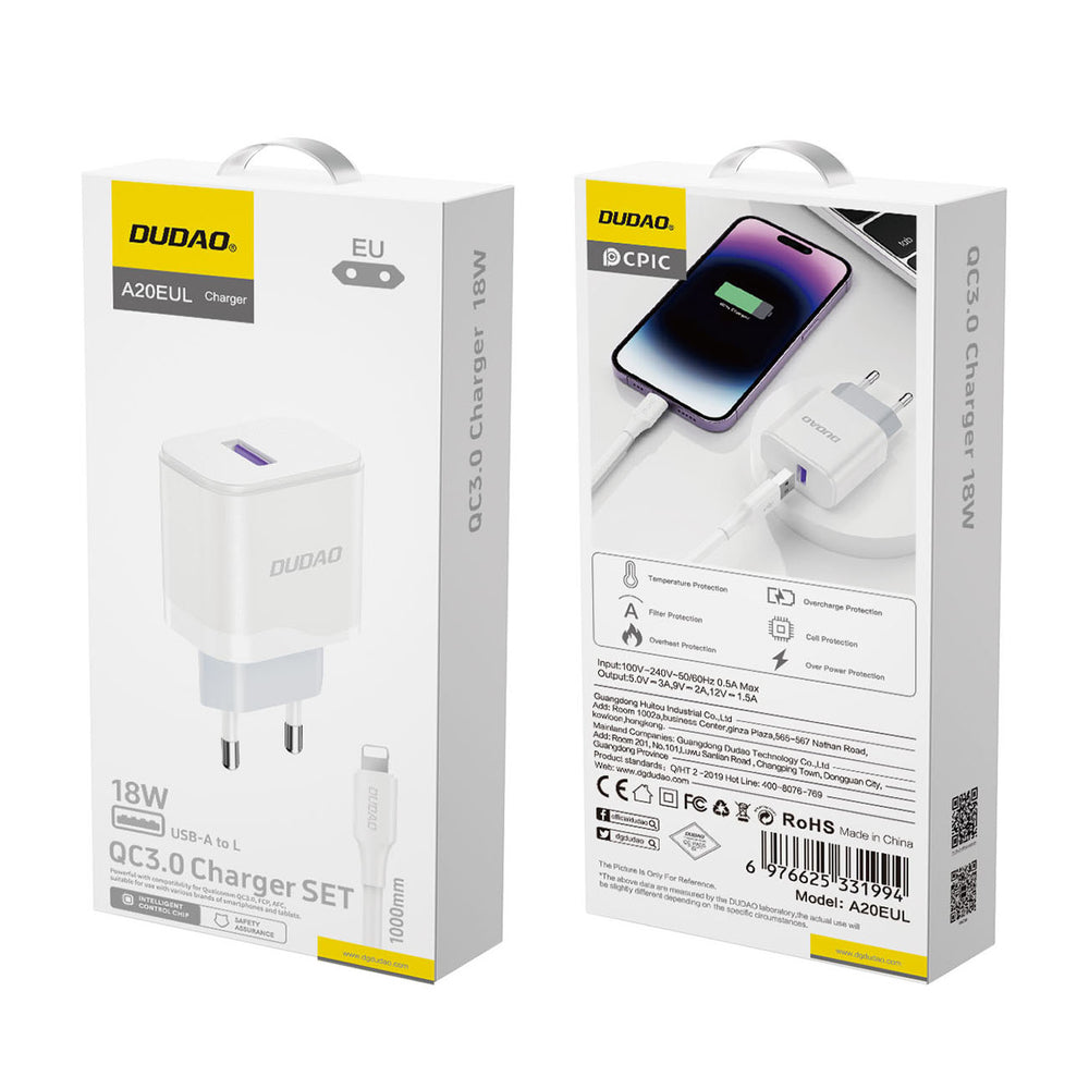 Dudao A20EU USB-A 18W netværksoplader - hvid + USB-A - Lightning-kabel