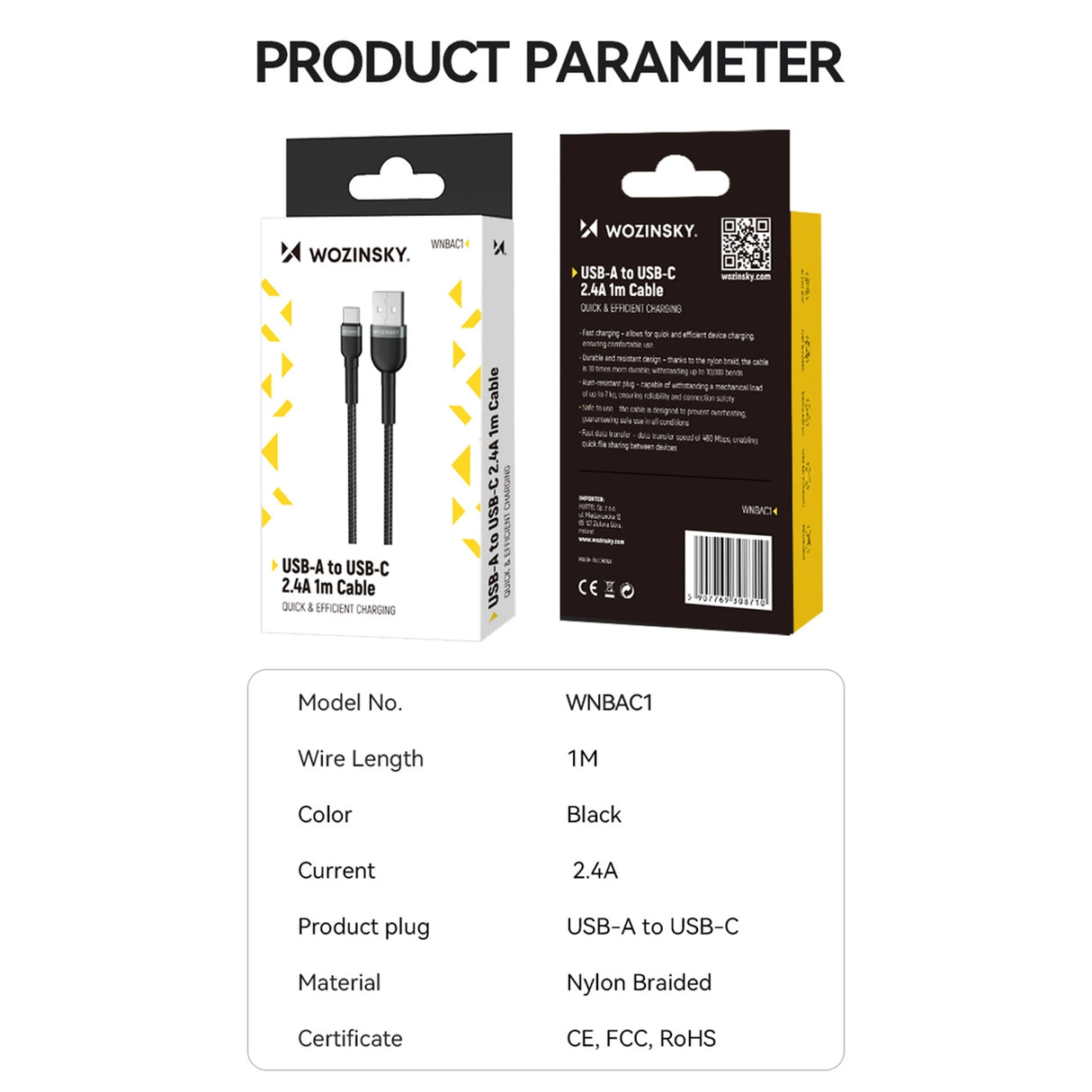 Wozinsky WNBAC2 USB-A / USB-C 2.4A kabel 2 m - sort
