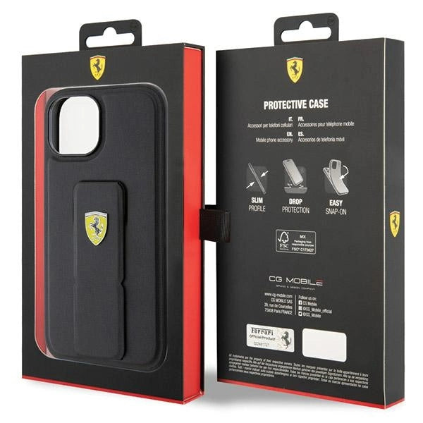 Ferrari Grip Stand Metal Logo case for iPhone 15 - black