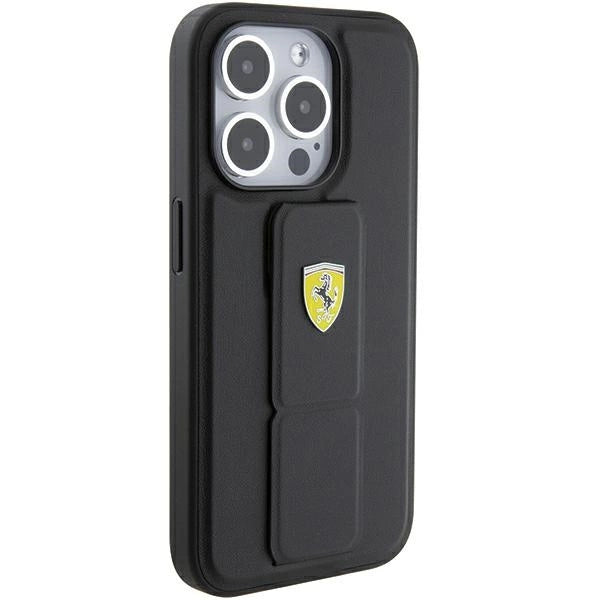 Ferrari Grip Stand Metal Logo case for iPhone 15 Pro Max - black