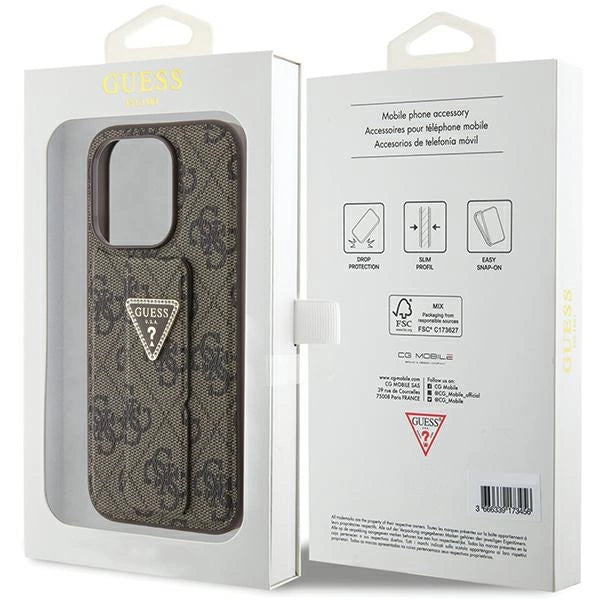 Guess Grip Stand 4G Triangle Strass case for iPhone 15 Pro - brown
