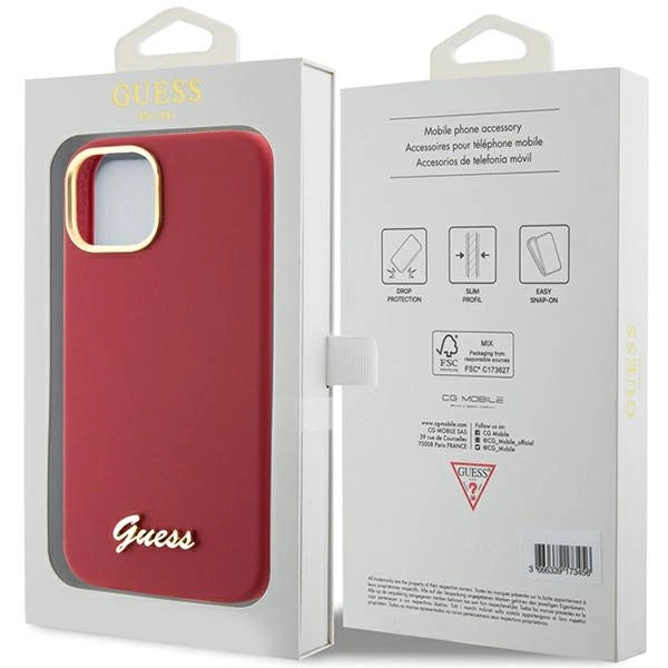 Guess Silicone Script Metal Logo & Frame case for iPhone 15 - red
