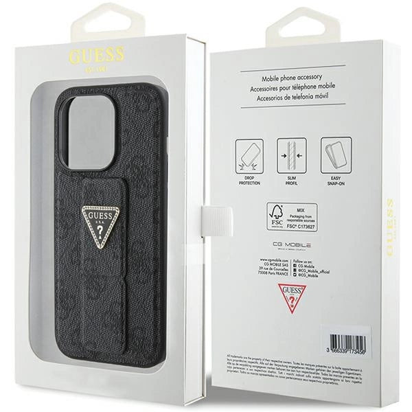 Guess Grip Stand 4G Triangle Strass case for iPhone 15 Pro Max - black