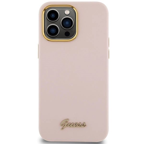 Guess Silicone Script Metal Logo & Frame case for iPhone 15 Pro Max - pink