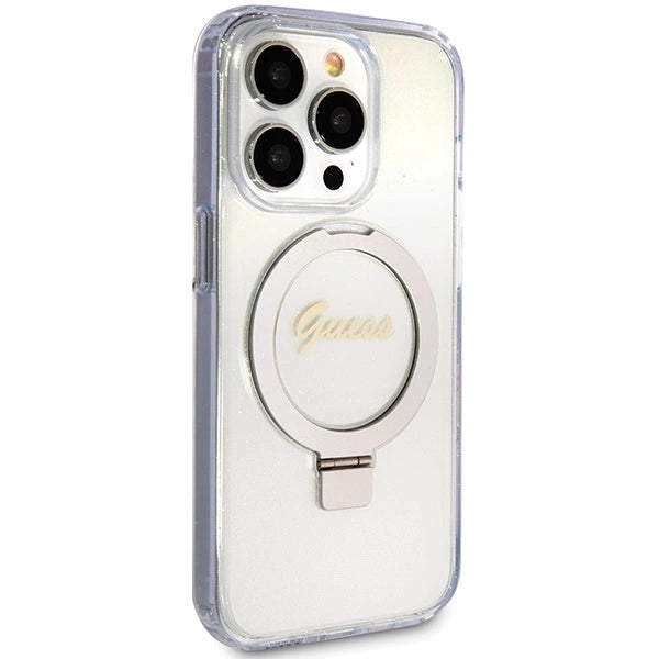 Guess Ring Stand Script Glitter MagSafe case for iPhone 15 Pro - transparent