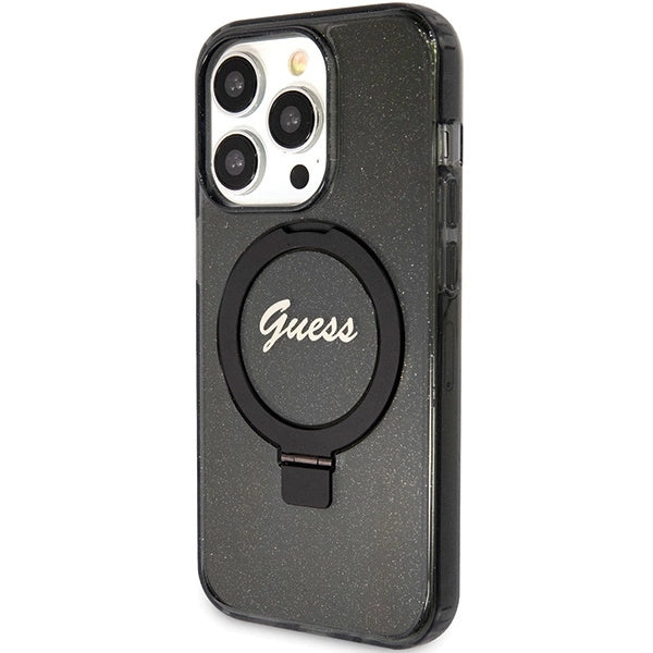 Guess Ring Stand Script Glitter MagSafe case for iPhone 15 Pro - black
