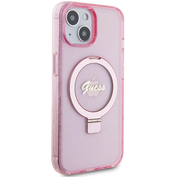 Guess Ring Stand Script Glitter MagSafe-hylster til iPhone 15 Plus / 14 Plus - pink