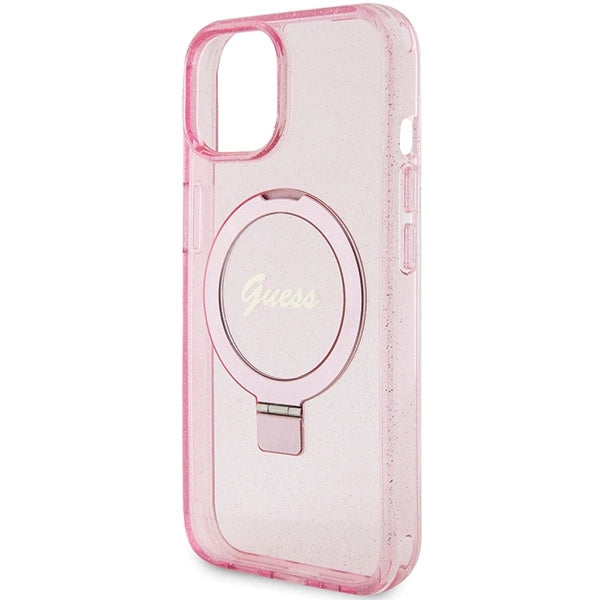 Guess Ring Stand Script Glitter MagSafe-hylster til iPhone 15 Plus / 14 Plus - pink