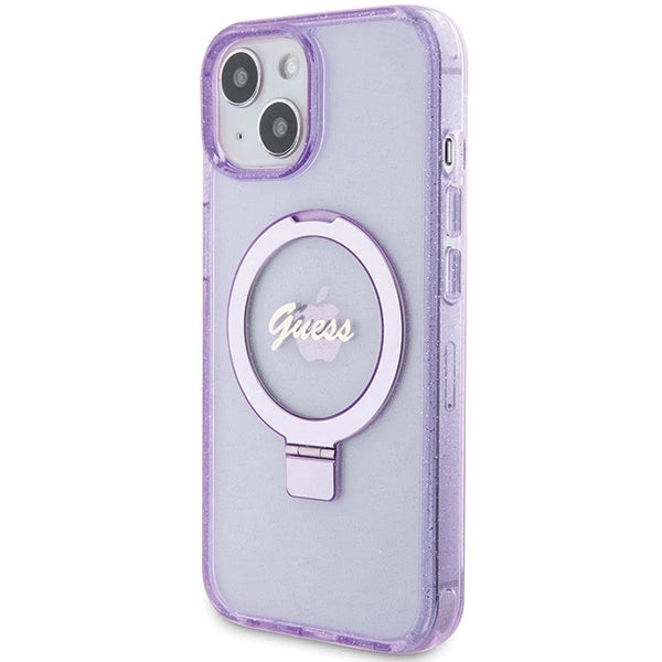 Guess Ring Stand Script Glitter MagSafe case for iPhone 15 Plus / 14 Plus - purple