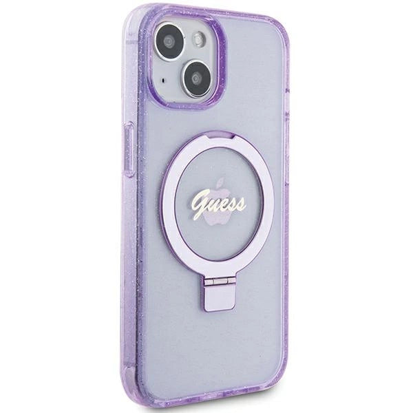 Guess Ring Stand Script Glitter MagSafe case for iPhone 15 Plus / 14 Plus - purple