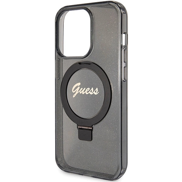 Guess Ring Stand Script Glitter MagSafe case for iPhone 15 Pro Max - black