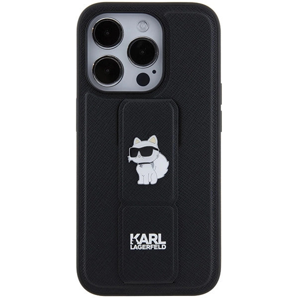 Karl Lagerfeld Gripstand Saffiano Choupette Pins case for iPhone 15 Pro - black