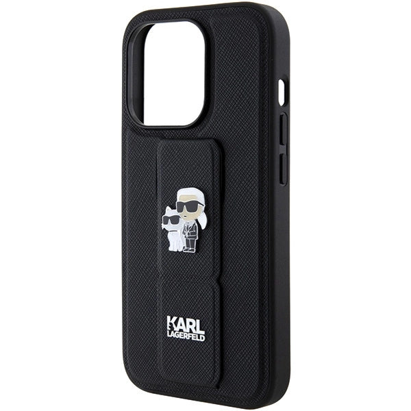 Karl Lagerfeld Gripstand Saffiano Karl&Choupette Pins case for iPhone 15 Pro - black