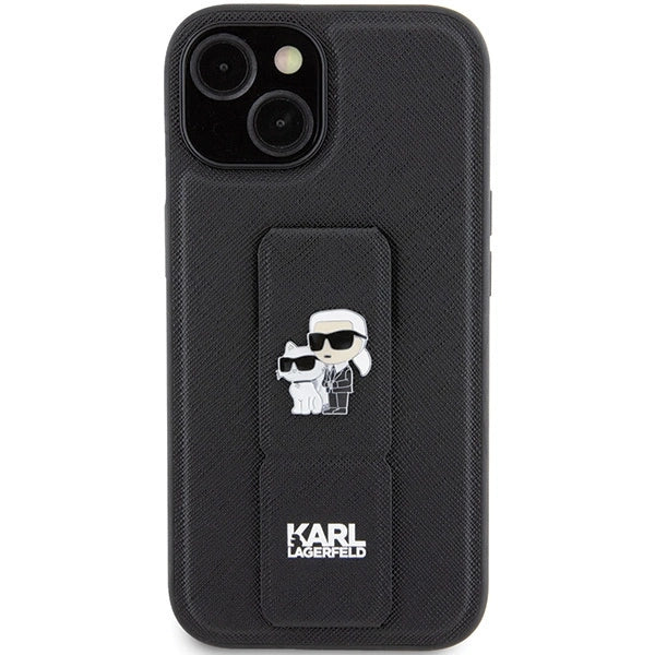 Karl Lagerfeld Gripstand Saffiano Karl&Choupette Pins case for iPhone 15 Plus / 14 Plus - black
