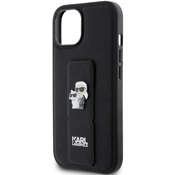 Karl Lagerfeld Gripstand Saffiano Karl&Choupette Pins case for iPhone 15 Plus / 14 Plus - black