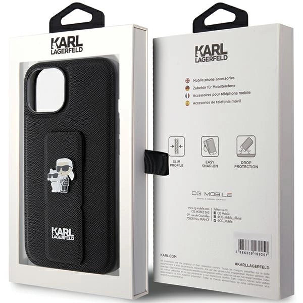 Karl Lagerfeld Gripstand Saffiano Karl&Choupette Pins case for iPhone 15 Plus / 14 Plus - black