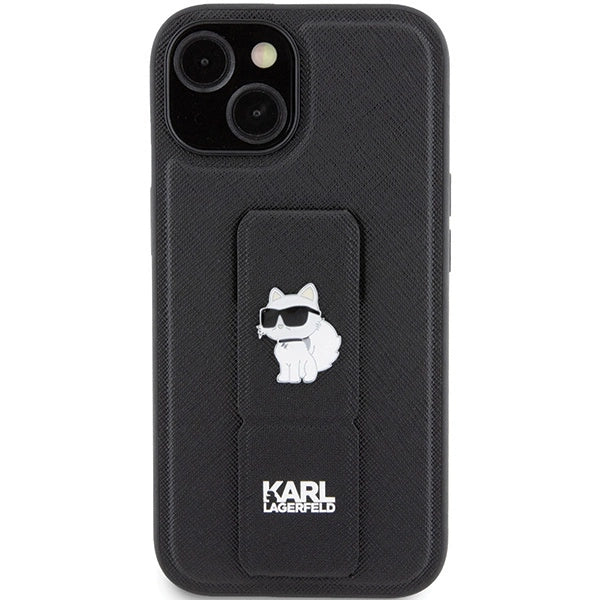 Karl Lagerfeld Gripstand Saffiano Choupette Pins case for iPhone 15 - black