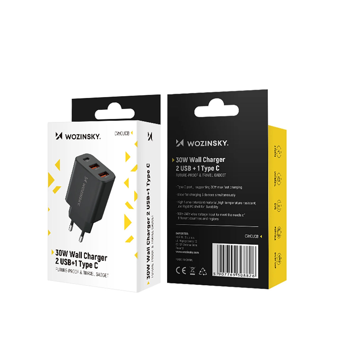 Wozinsky CWCUCB 30W USB-C / 2 x USB-A Wall Charger - sort