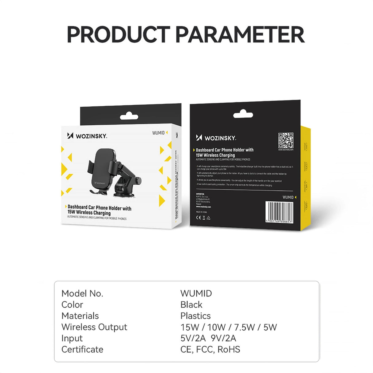 Wozinsky WUMID-telefonholder med 15W induktiv oplader til bilens instrumentbræt - sort