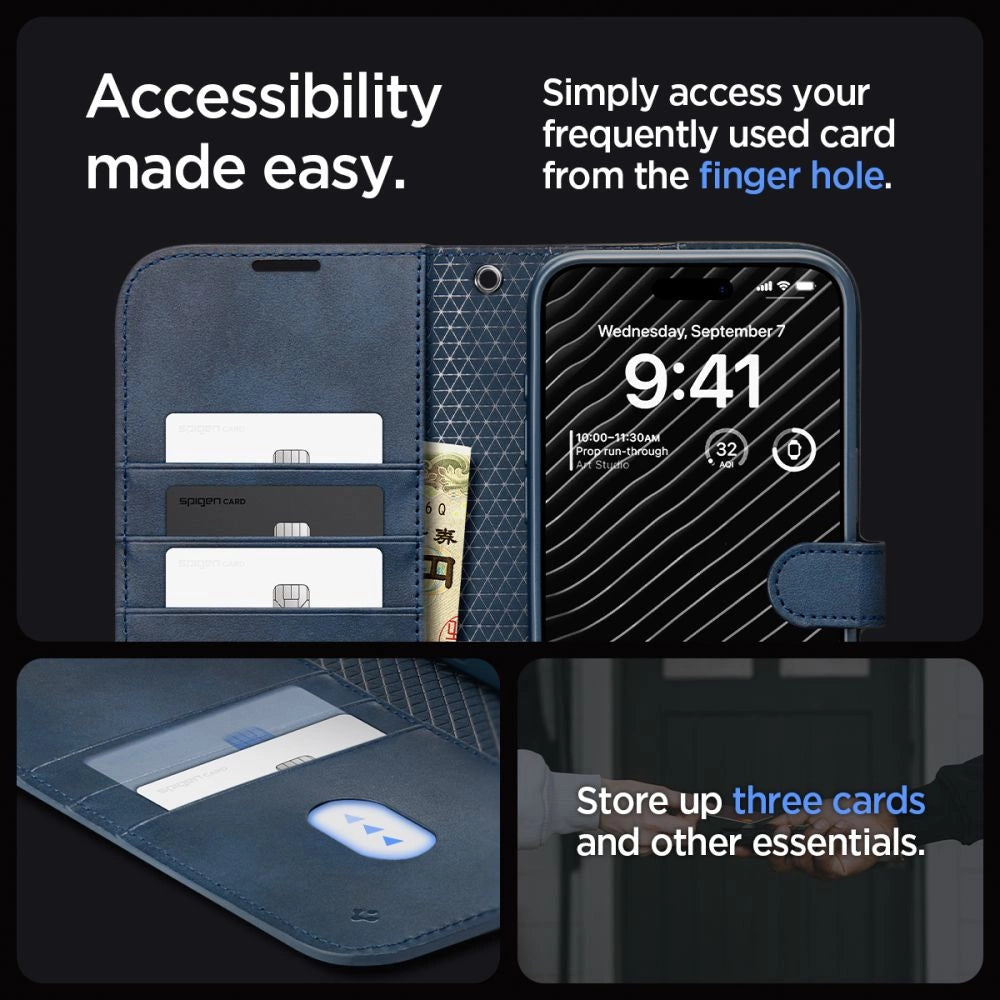 Spigen Wallet S Pro Case til iPhone 15 Pro - Navy Blue