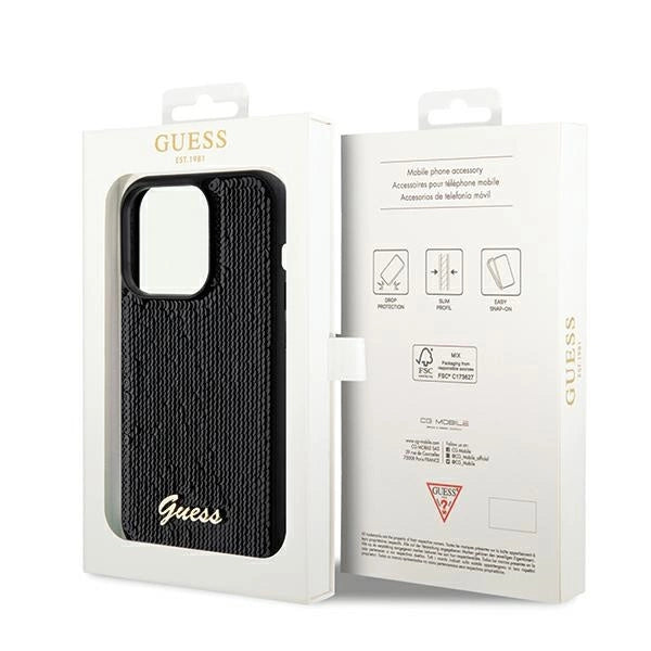 Guess Sequin Script Metallæske til iPhone 14 Pro Max - sort