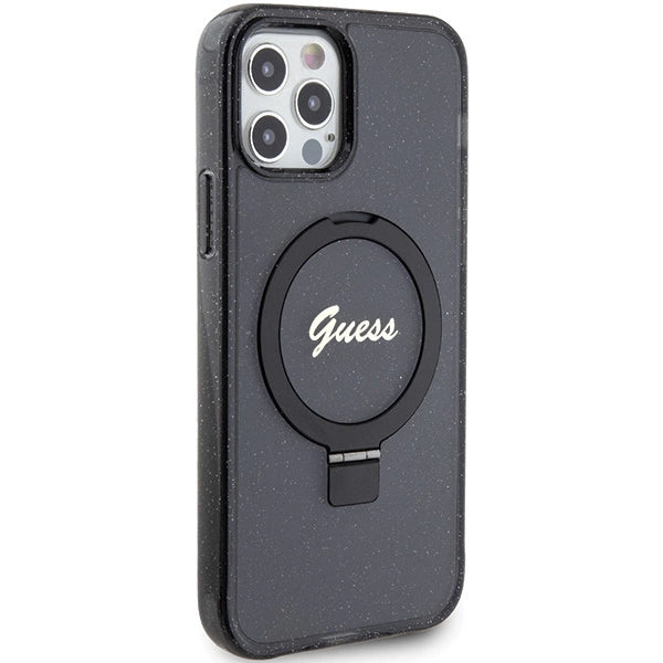 Guess Ring Stand Script Glitter MagSafe case for iPhone 12/12 Pro - black