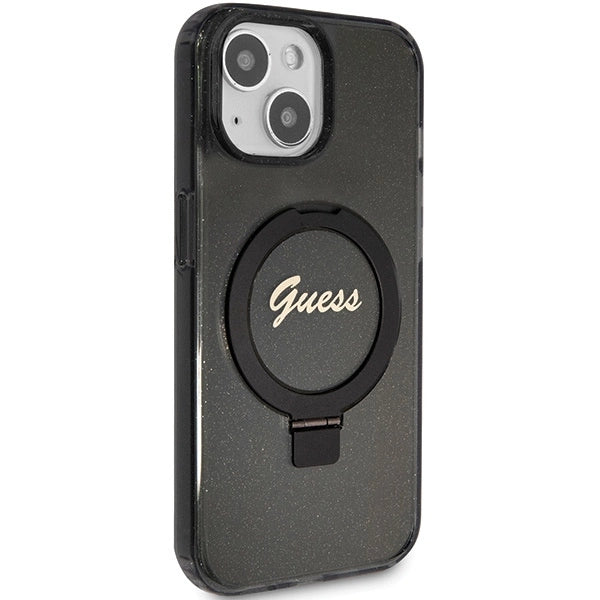 Guess Ring Stand Script Glitter MagSafe case for iPhone 13 / 14 / 15 - black