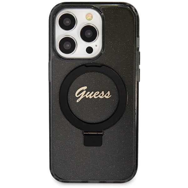 Guess Ring Stand Script Glitter MagSafe-hylster til iPhone 14 Pro - sort