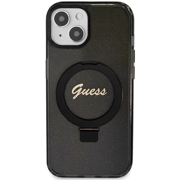 Guess Ring Stand Script Glitter MagSafe case for iPhone 14 / 15 / 13 - black