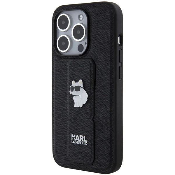 Karl Lagerfeld Gripstand Saffiano Choupette Pins case for iPhone 14 Pro - black